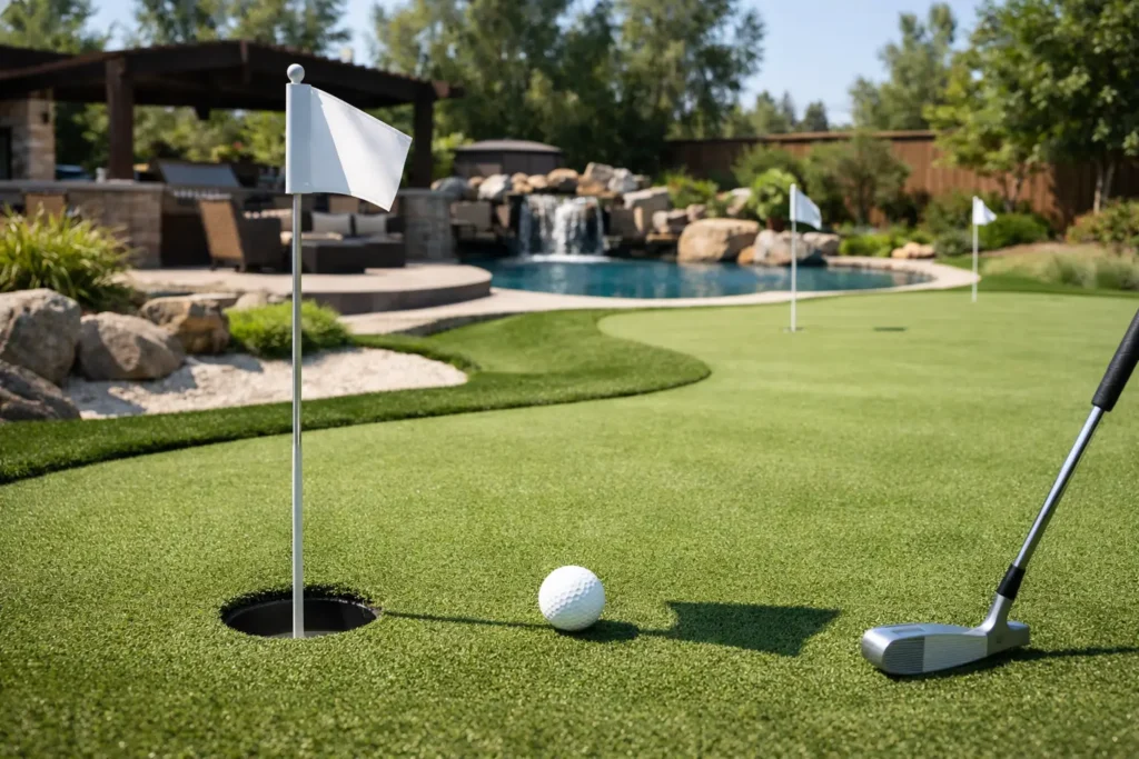 Backyard putting green with golf ball, flag, and putter near pool and stone features, illustrating outdoor recreational design ideas.