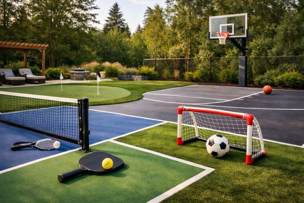 Backyard sport court featuring a basketball hoop, soccer goal, tennis net, and paddles, surrounded by lush greenery and outdoor seating, illustrating versatile play options for family gatherings.