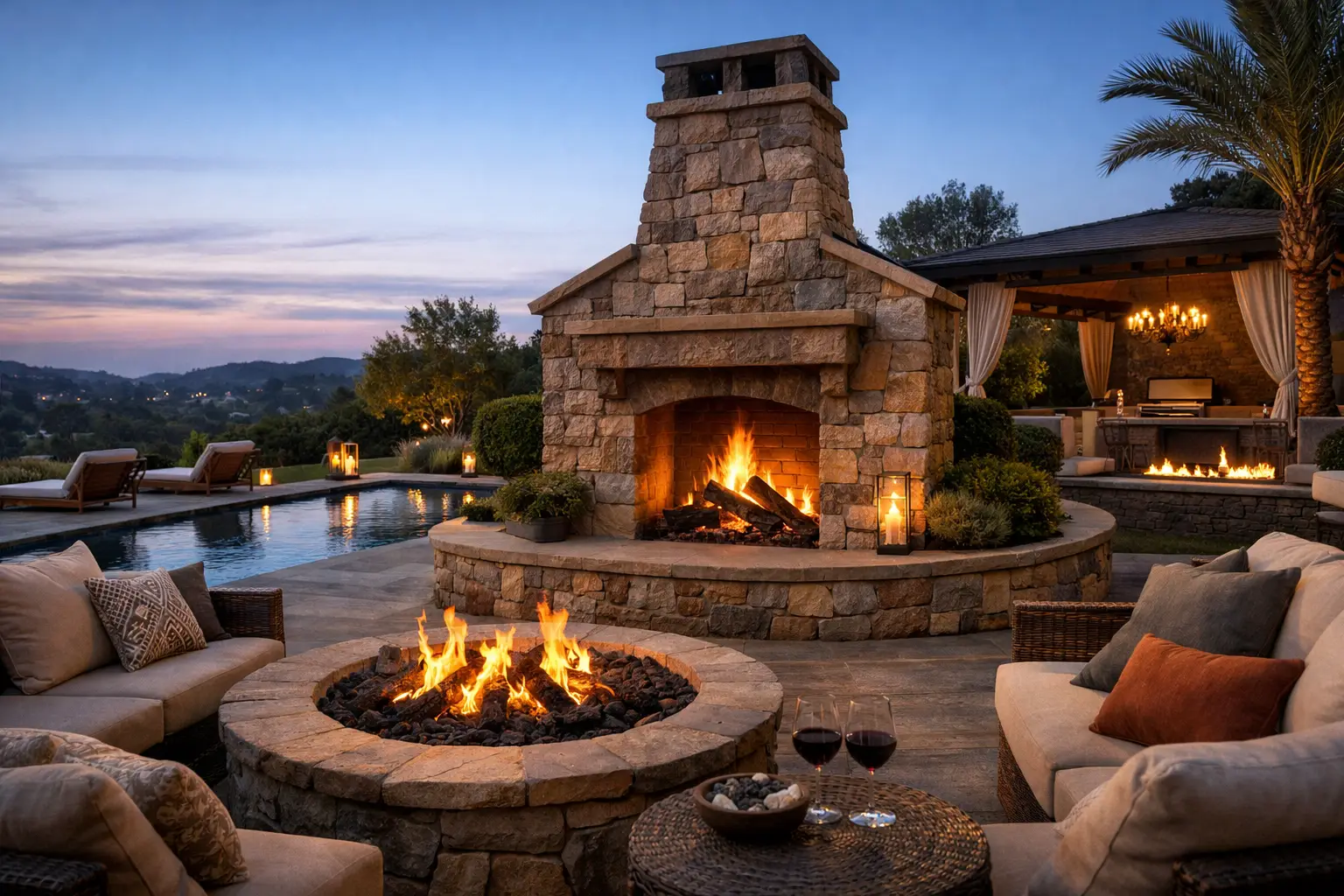 Outdoor stone fireplace with flames, surrounded by cozy seating and a fire pit, set in a luxurious backyard with a pool and evening ambiance.