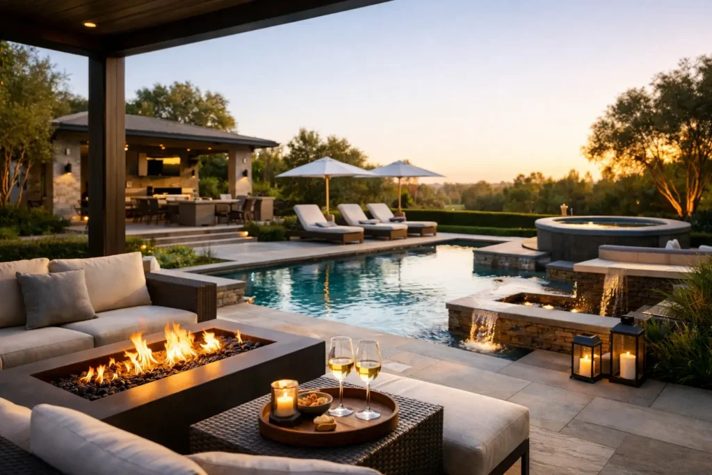 Luxury backyard with a pool, fire pit, and lounge area, featuring comfortable seating, outdoor kitchen, and scenic landscape at sunset.