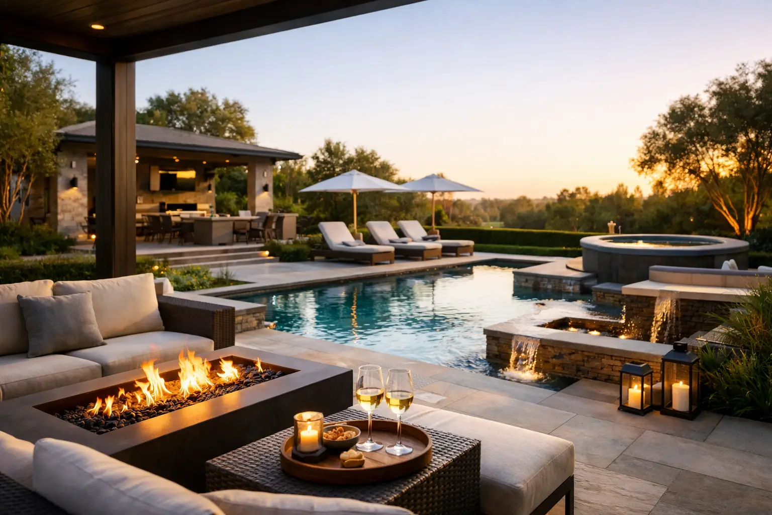 Luxury backyard with a pool, fire pit, and waterfall features, showcasing elegant outdoor living space with lounge chairs, candles, and sunset ambiance.