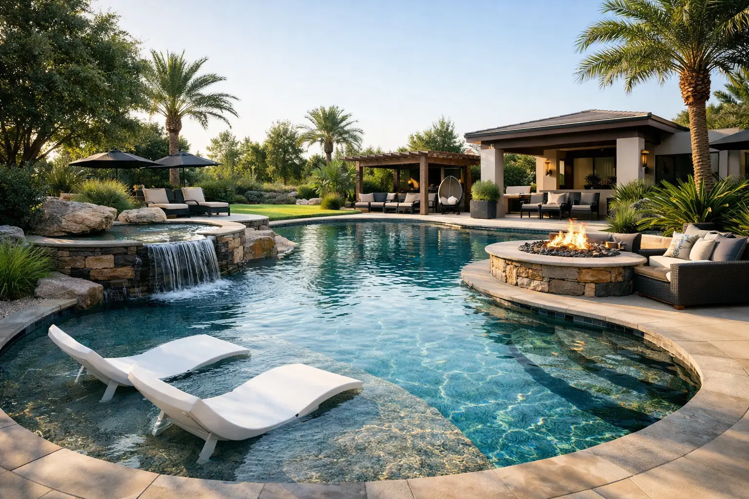 Luxury backyard pool design featuring a natural stone waterfall, modern lounge chairs, and a cozy fire pit area surrounded by lush greenery and palm trees.