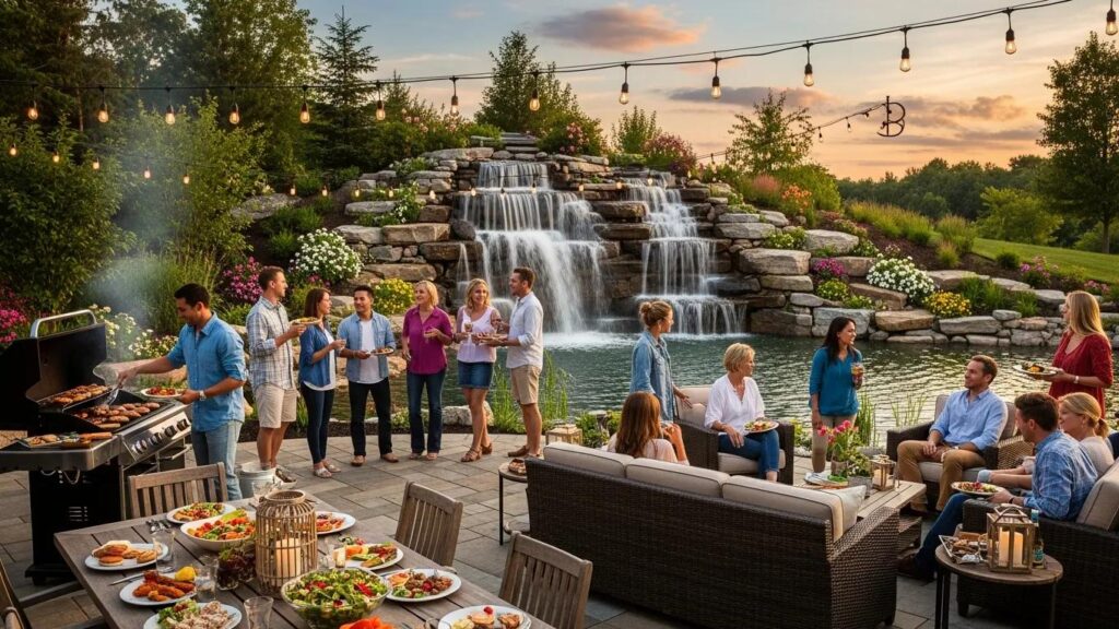Outdoor gathering enhanced by a beautiful custom waterfall