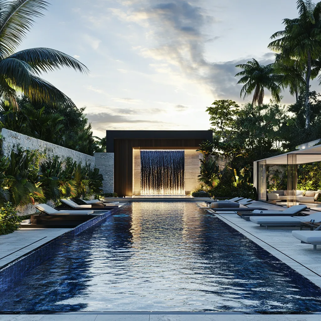 Custom waterfall in a backyard setting, highlighting materials and design elements for outdoor aesthetics