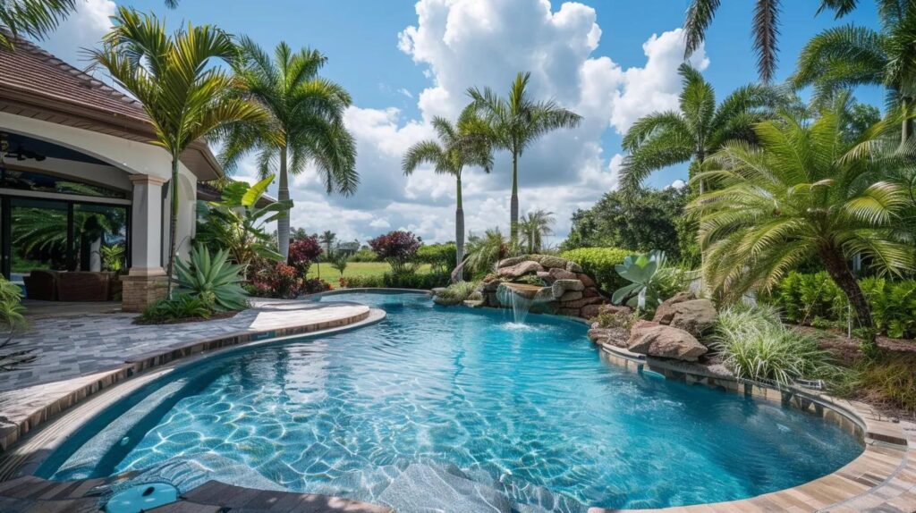 High-end luxury pool with infinity edge and grotto in outdoor living space