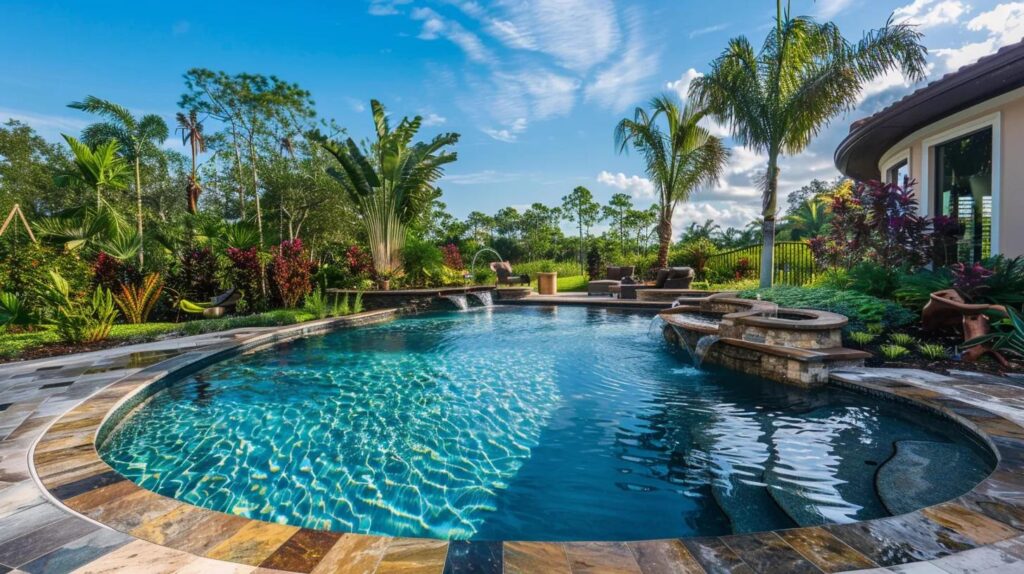 Luxury custom pool in Florida backyard with tropical landscaping