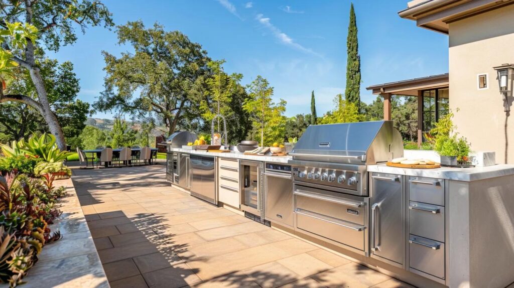 Custom outdoor kitchen featuring stainless steel appliances, granite countertops, and lush greenery, illustrating luxurious outdoor living transformations by Beyond Backyard Living in Florida.