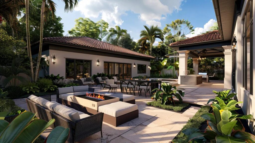 Luxury outdoor living space featuring a modern patio with a fire pit, comfortable seating, and lush tropical landscaping, designed by Beyond Backyard Living for alfresco dining and entertainment.