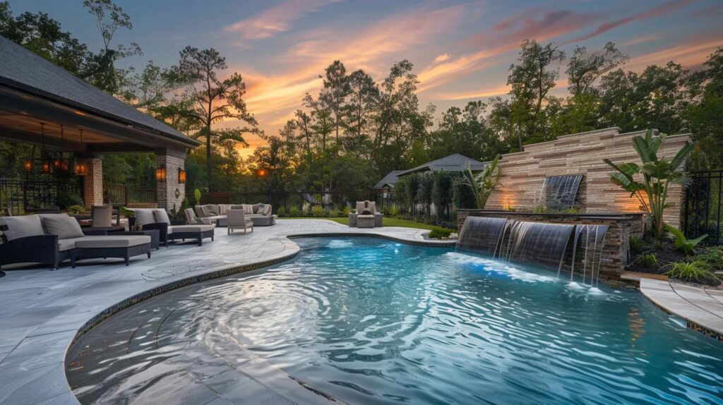 Luxury custom pool with cascading water feature, surrounded by elegant seating and lush landscaping, under a vibrant sunset sky, highlighting outdoor living in Florida.