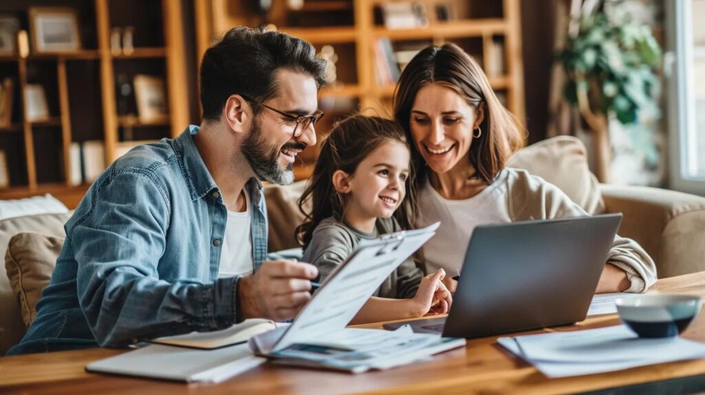 Family reviewing financing options for a luxury custom pool project, with documents and a laptop on a table in a cozy home setting.