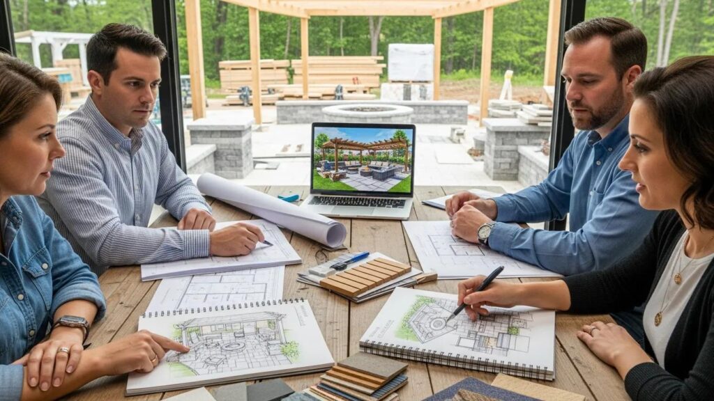 Group of designers collaborating on outdoor living project, reviewing sketches and plans, with a laptop displaying a rendered design in a workshop setting.