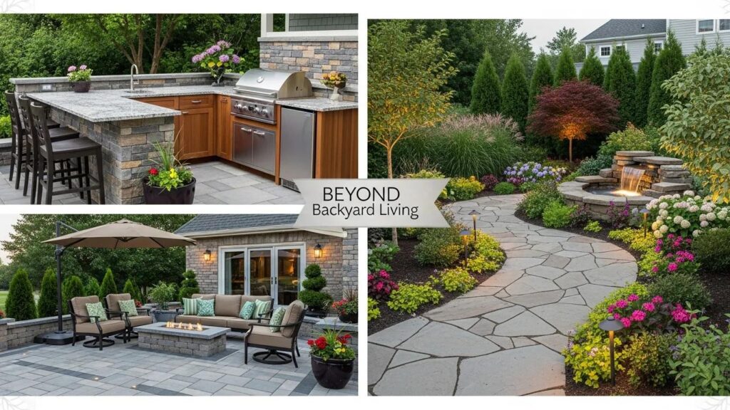 Custom outdoor kitchen with granite countertops and stainless steel appliances, cozy patio seating area with fire pit, and landscaped garden path featuring vibrant flowers and a water feature, showcasing Beyond Backyard Living's outdoor living design expertise in Spring Hill, FL.