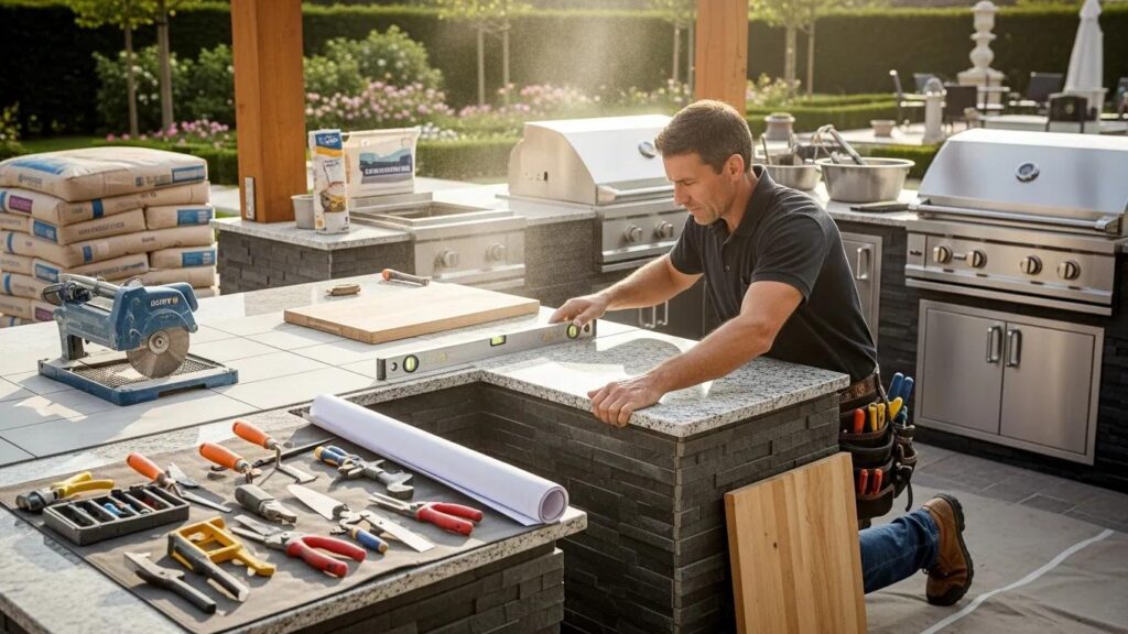 Contractor designing a custom outdoor kitchen, emphasizing quality craftsmanship and personalized service