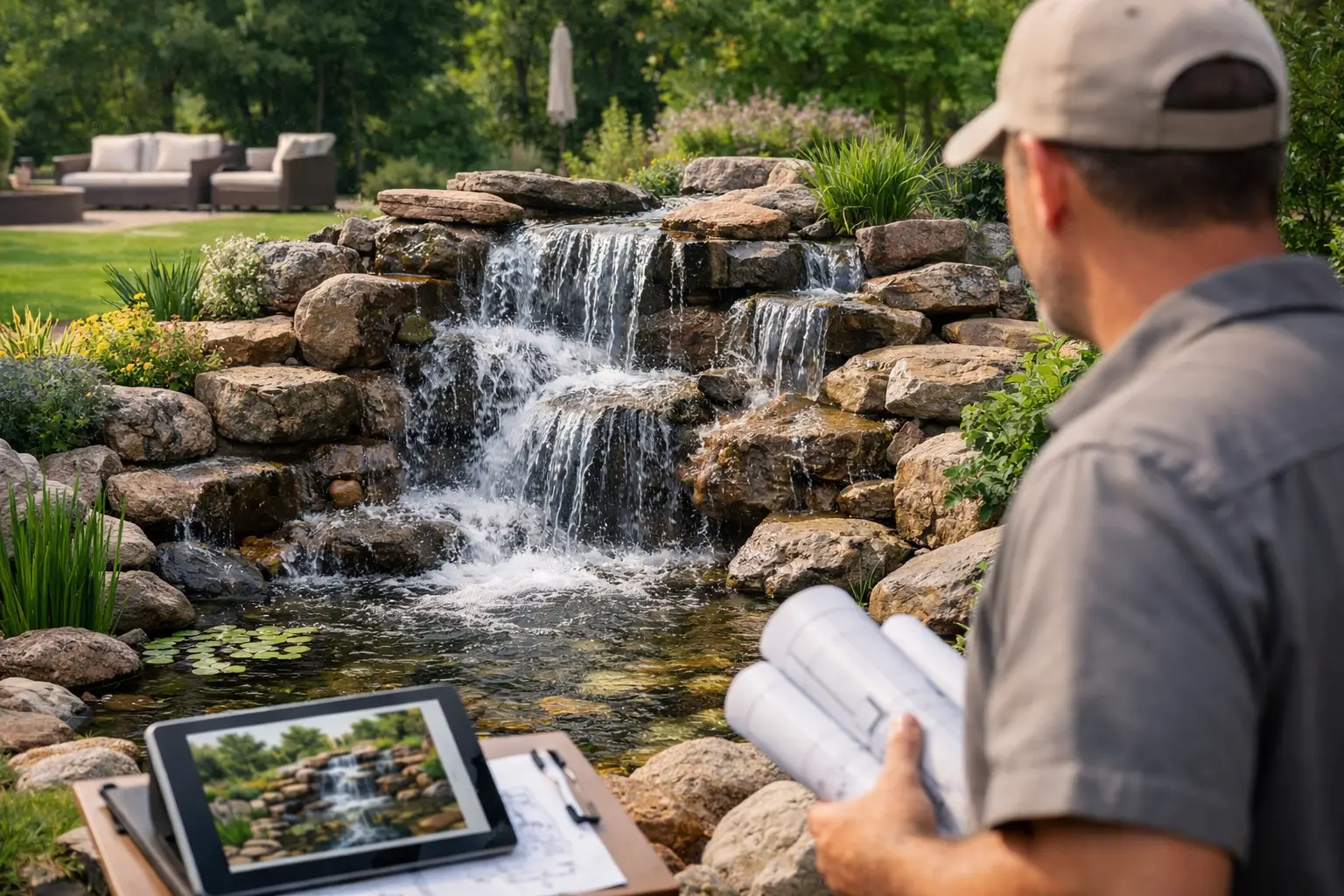 Man reviewing landscape design plans beside a custom backyard waterfall, featuring natural stone and lush greenery, highlighting outdoor aesthetics and functionality.