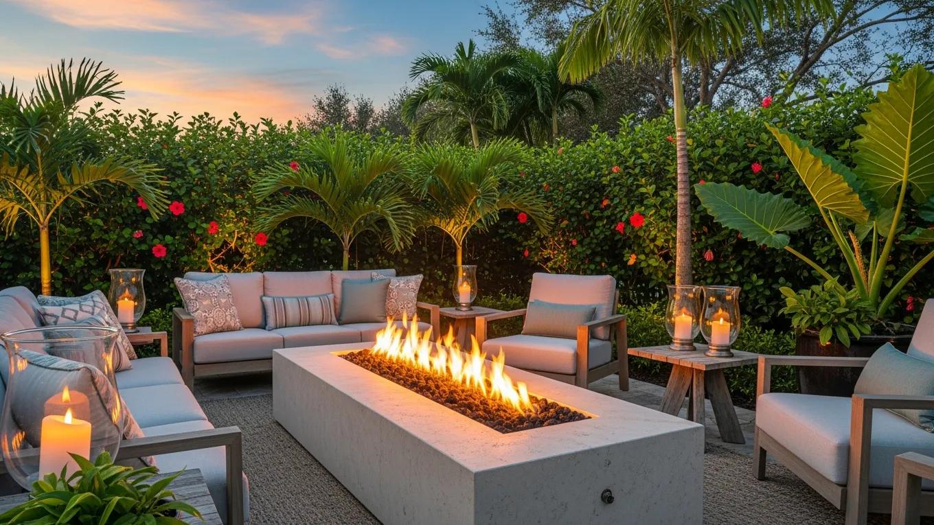 Custom gas fire pit in a Florida backyard with lush greenery and sunset ambiance