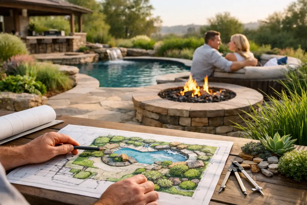 Custom landscape design plan on a table with a couple enjoying a cozy fire pit by a pool, surrounded by lush greenery and outdoor living space elements.