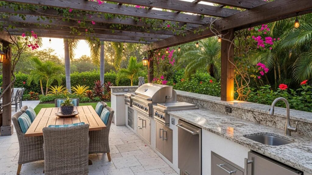 Custom outdoor kitchen in Florida featuring stainless steel appliances, stylish dining area with wicker table and chairs, surrounded by lush greenery and vibrant flowers.