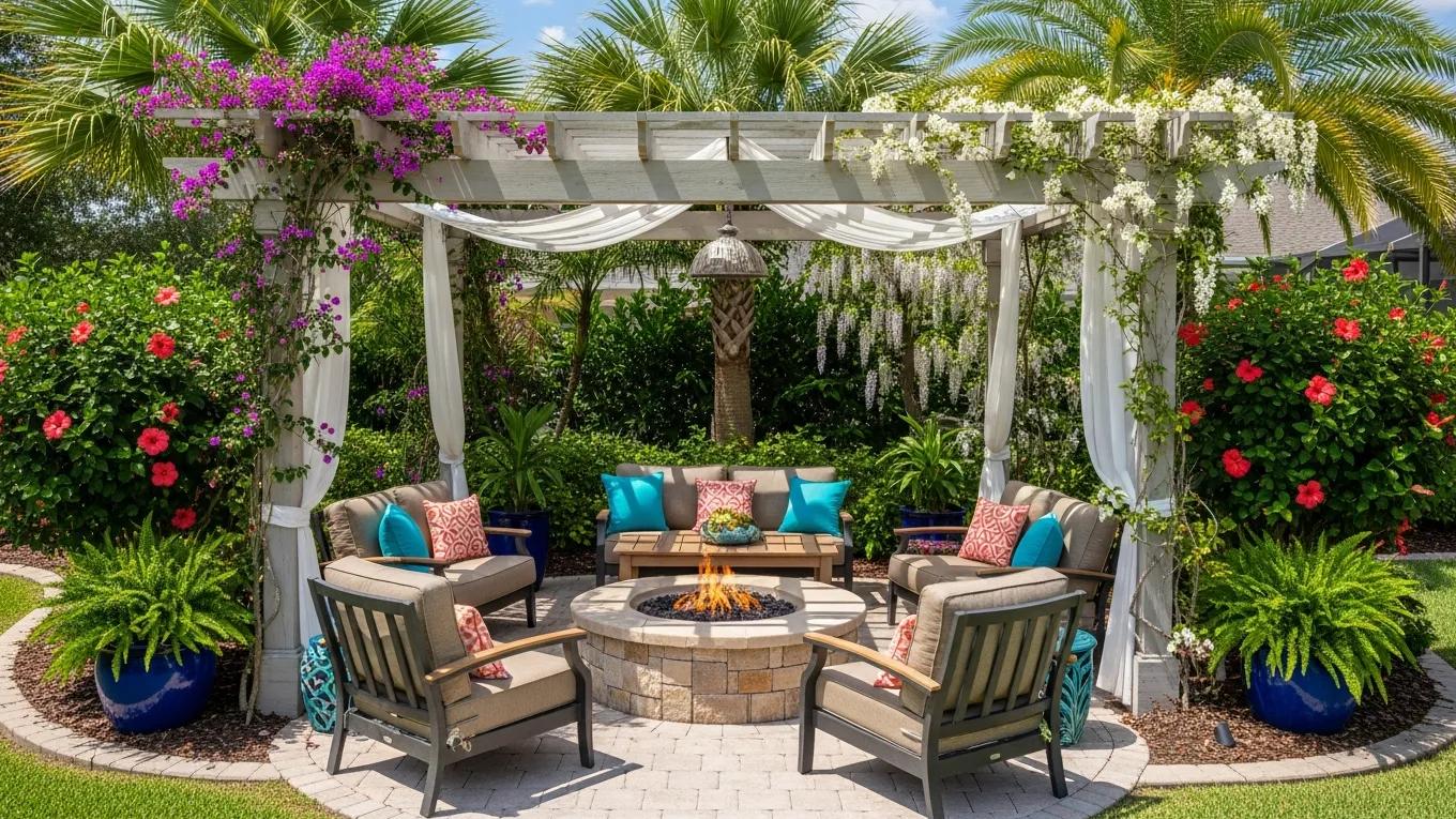 Custom outdoor living space in Wesley Chapel, FL featuring a fire pit and seating area