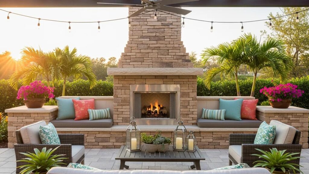 Elegant built-in outdoor fireplace in a stylish Florida patio setting, featuring stone construction, cozy seating with colorful cushions, and tropical plants, ideal for enhancing outdoor living spaces.