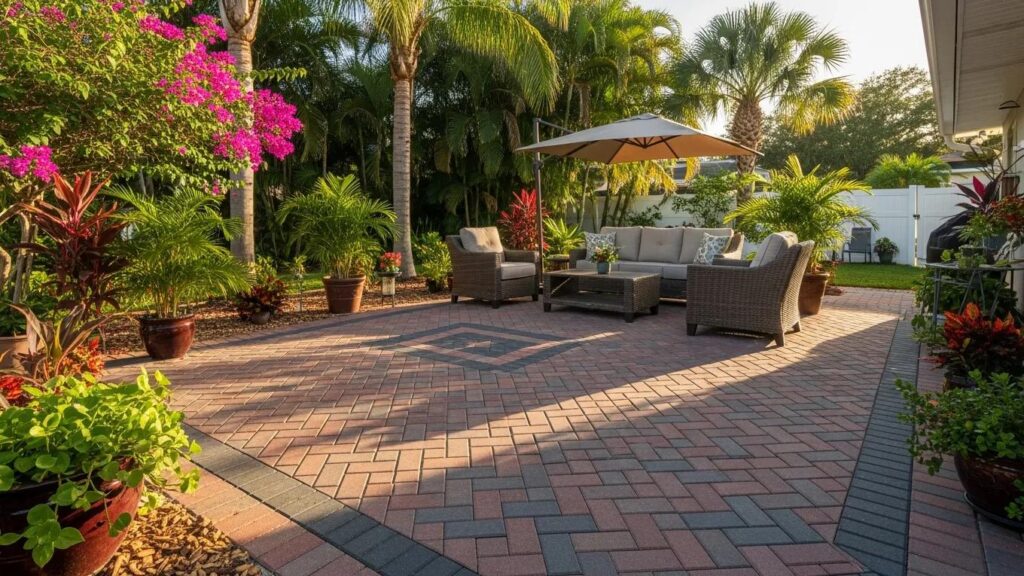 Elegant paver patio design featuring intricate patterns, vibrant colors, surrounded by lush tropical plants and a cozy seating area with an umbrella in a residential outdoor space.