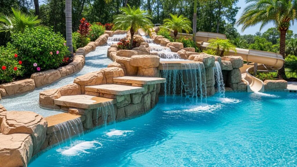 Faux concrete waterfall with slides and grottos integrated into a Florida pool, adding drama and function to outdoor living