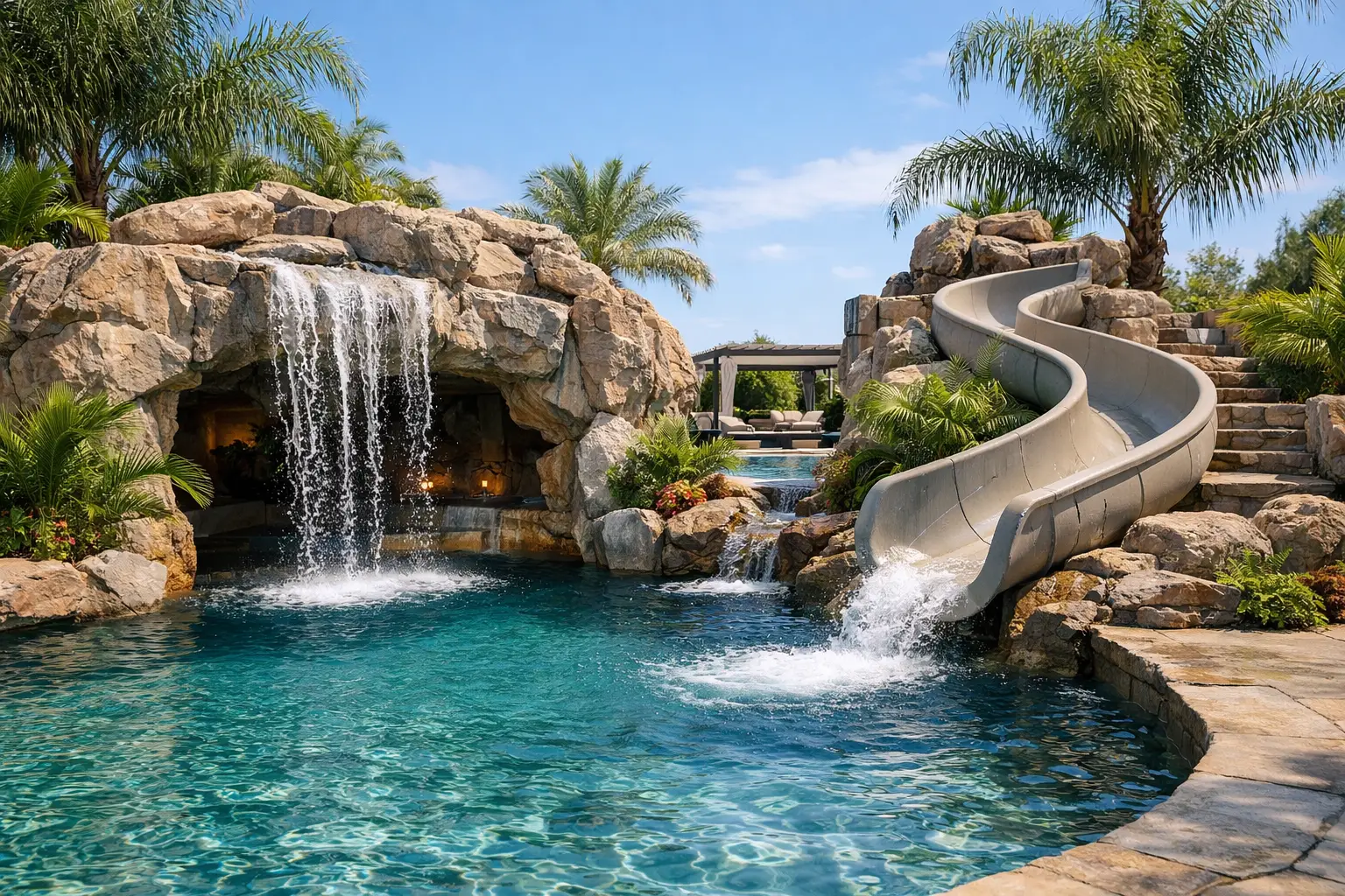 Luxury backyard pool featuring a natural rock grotto with cascading waterfalls and a sleek water slide, surrounded by lush greenery and palm trees, designed for an upscale outdoor living experience.