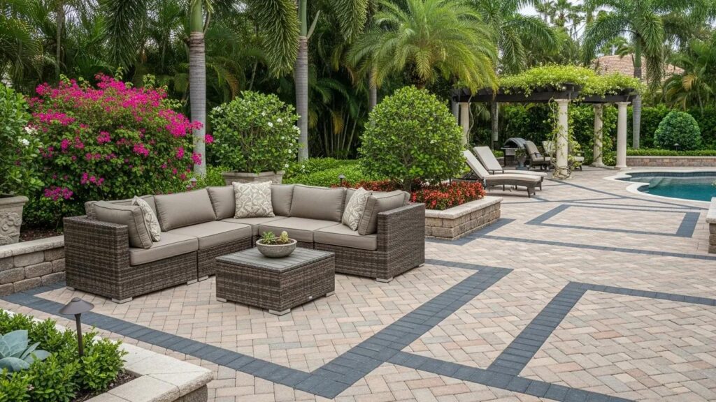 Luxurious custom paver patio in Florida with elegant design and lush greenery
