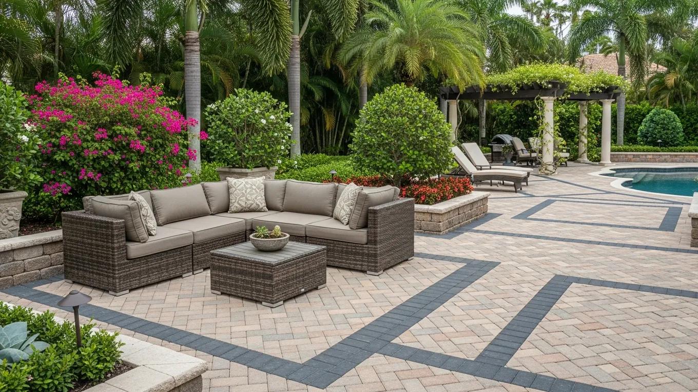 Luxurious custom paver patio in Florida with elegant design and lush greenery