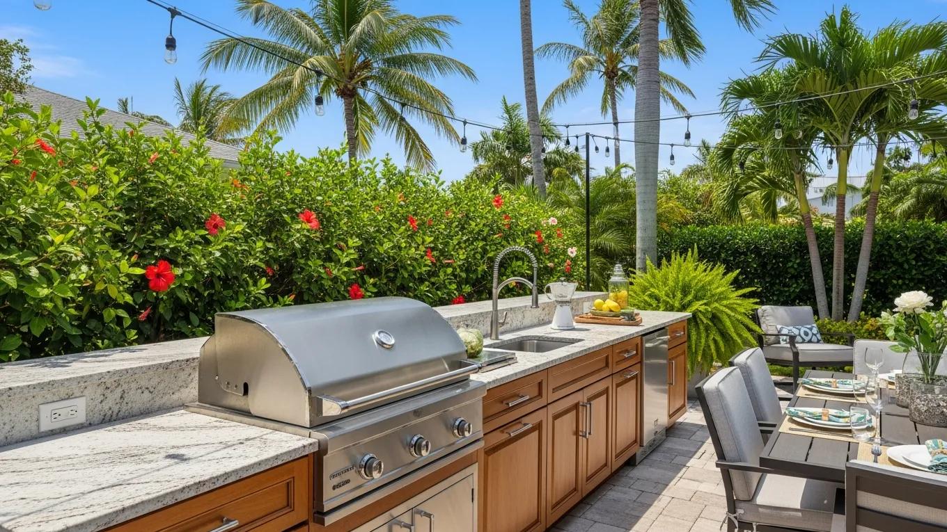 Luxurious outdoor kitchen in St. Petersburg featuring a built-in grill, elegant cabinetry, and lush tropical landscaping, ideal for entertaining and outdoor living.