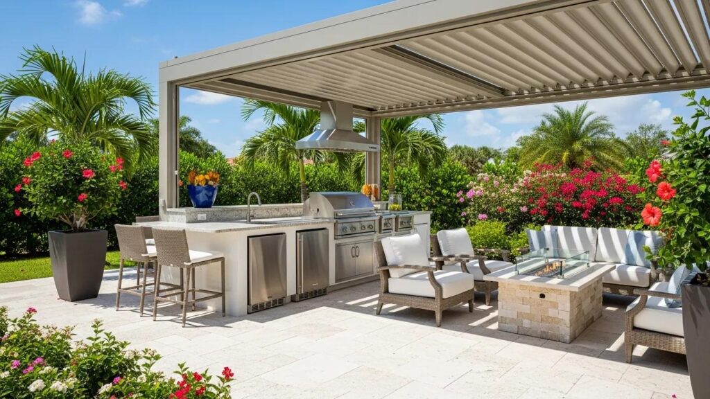 Luxurious outdoor living space in Florida featuring a professional outdoor kitchen, comfortable seating area, and vibrant landscaping with tropical plants and flowers.