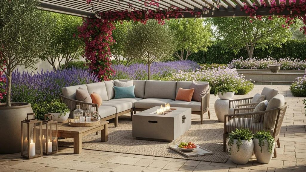 Luxurious outdoor living space with a stylish patio and lush greenery, ideal for homeowners seeking outdoor enhancements