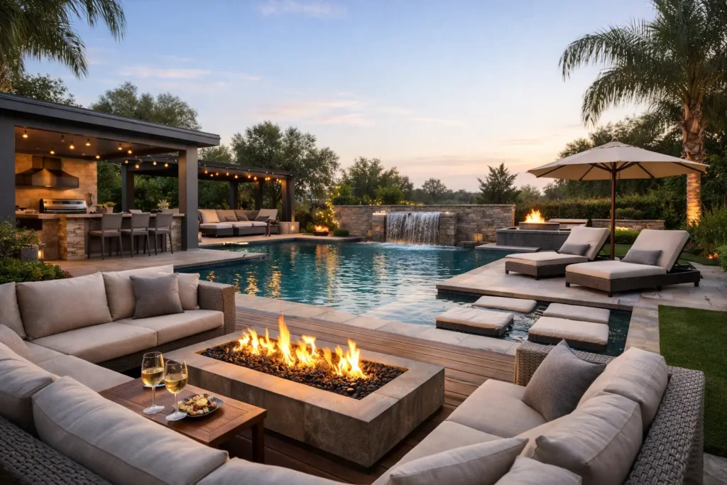 Luxury outdoor living space featuring a modern pool, cozy seating area with a fire pit, and a covered dining area, surrounded by lush greenery and a waterfall, embodying a cohesive design for an inviting backyard experience.
