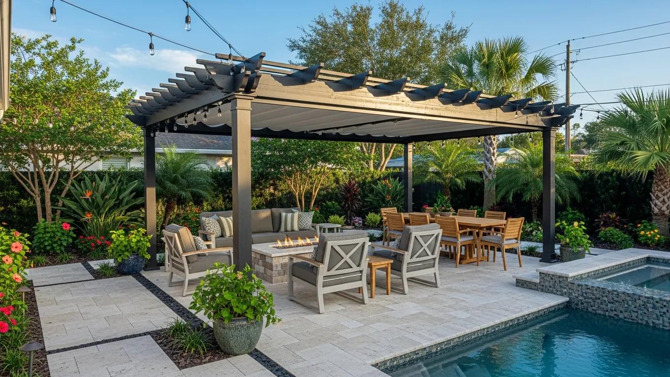 Luxury backyard transformation in Tampa featuring custom pergola and lush landscaping
