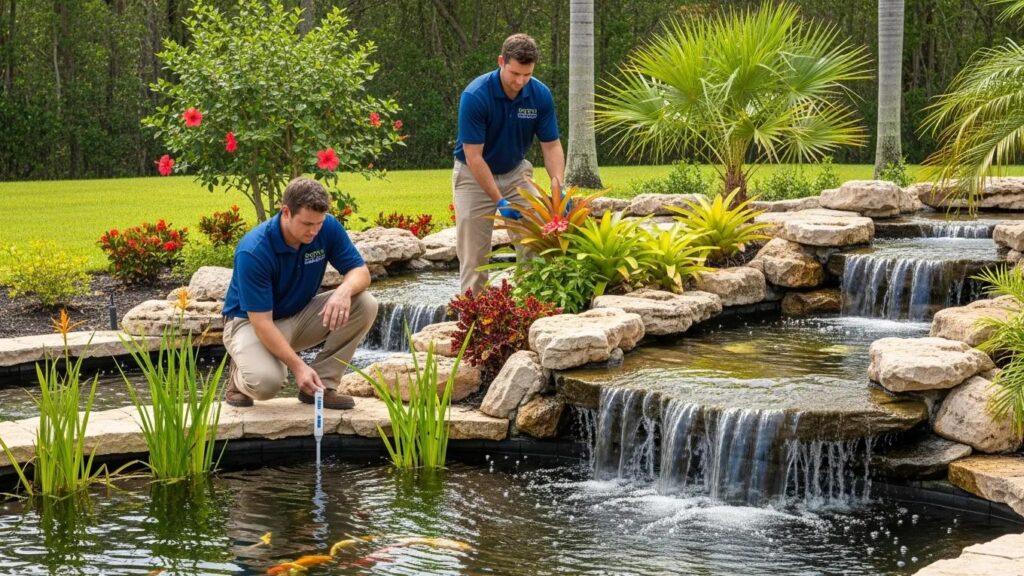 Maintenance team servicing a custom water feature in Florida, demonstrating professional care and native plant management