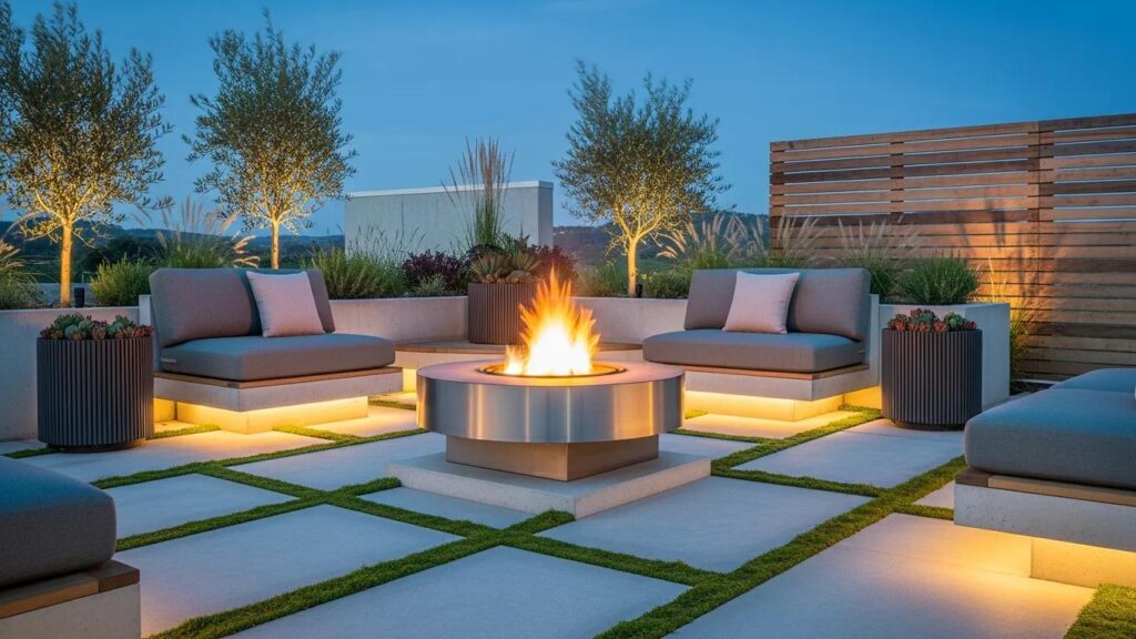 Modern smokeless wood-burning fire pit surrounded by stylish seating in a sustainable outdoor living space, featuring eco-friendly materials and ambient lighting, ideal for Florida backyards.