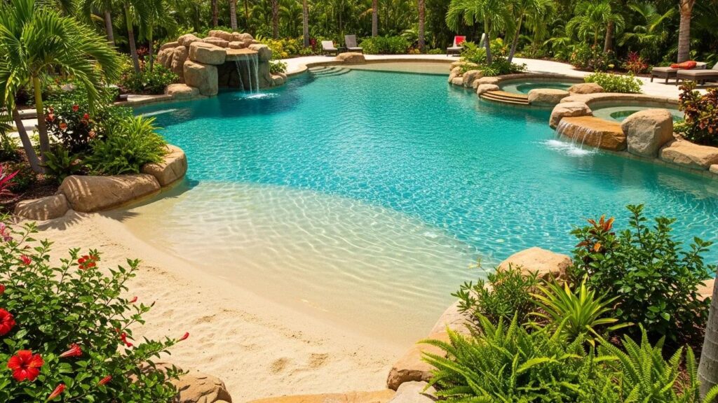 Natural lagoon pool with organic shapes and tropical landscaping in a serene backyard setting