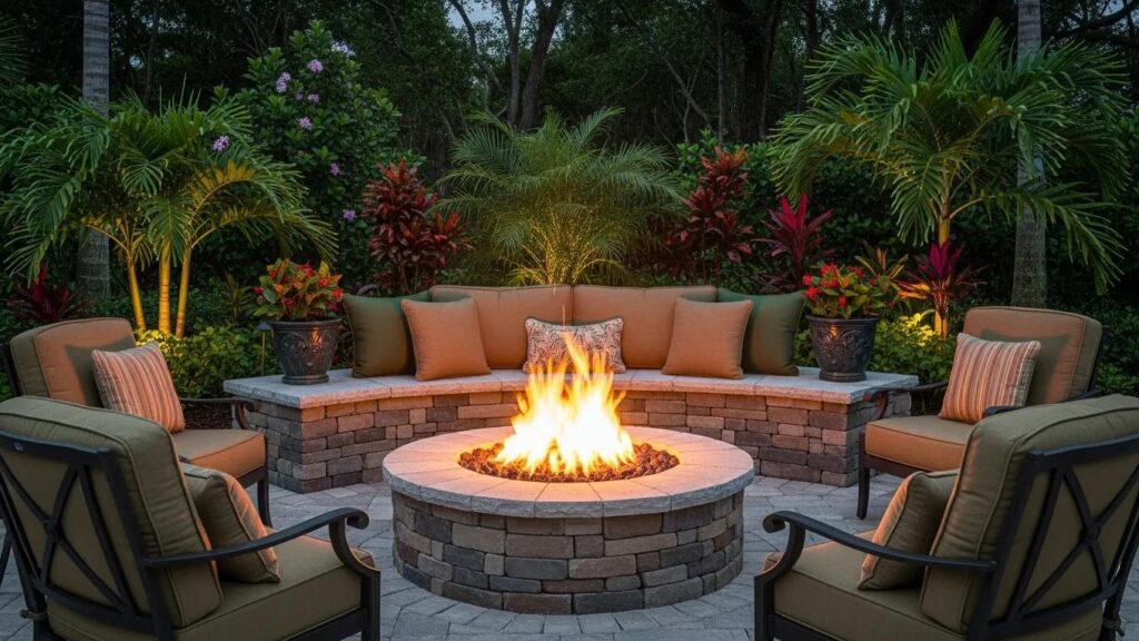 Outdoor fire pit in a family-oriented backyard in Wesley Chapel, FL