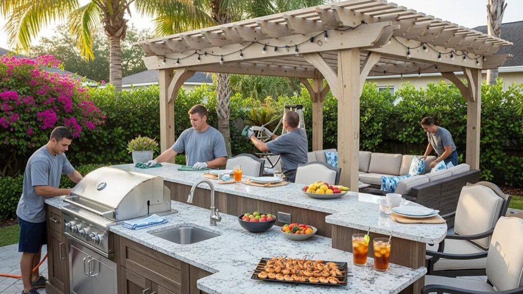 Outdoor kitchen integrated with custom pergola in a Tampa backyard