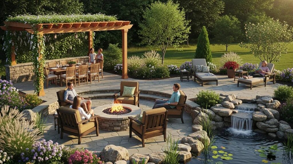 Outdoor living area with fire pit, pergola, and water feature