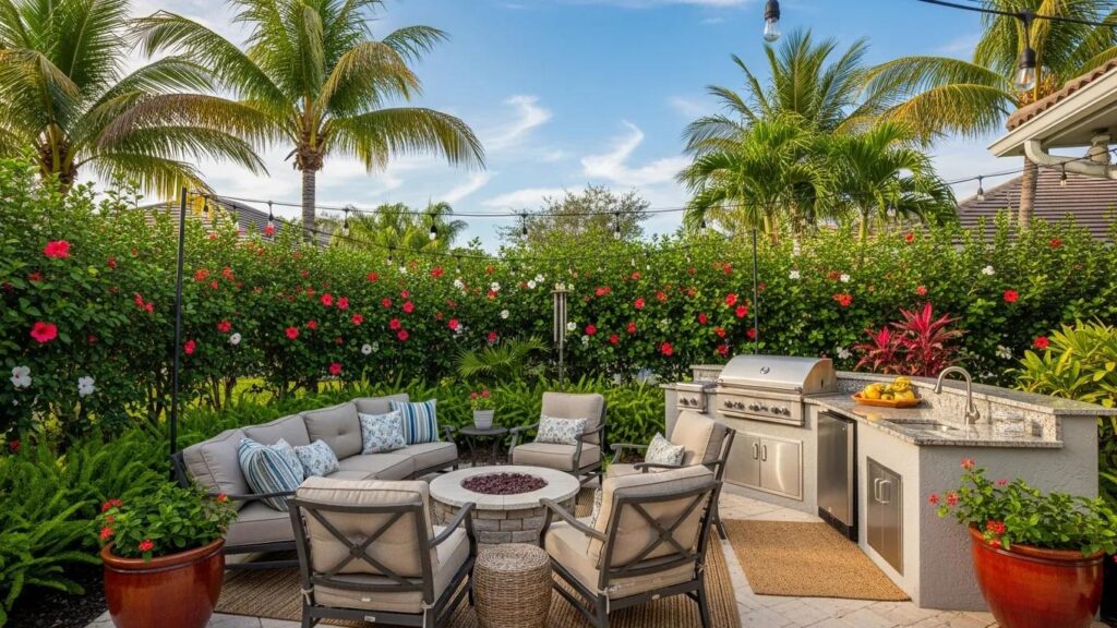 Outdoor living space in Florida with patio, kitchen, and landscaping