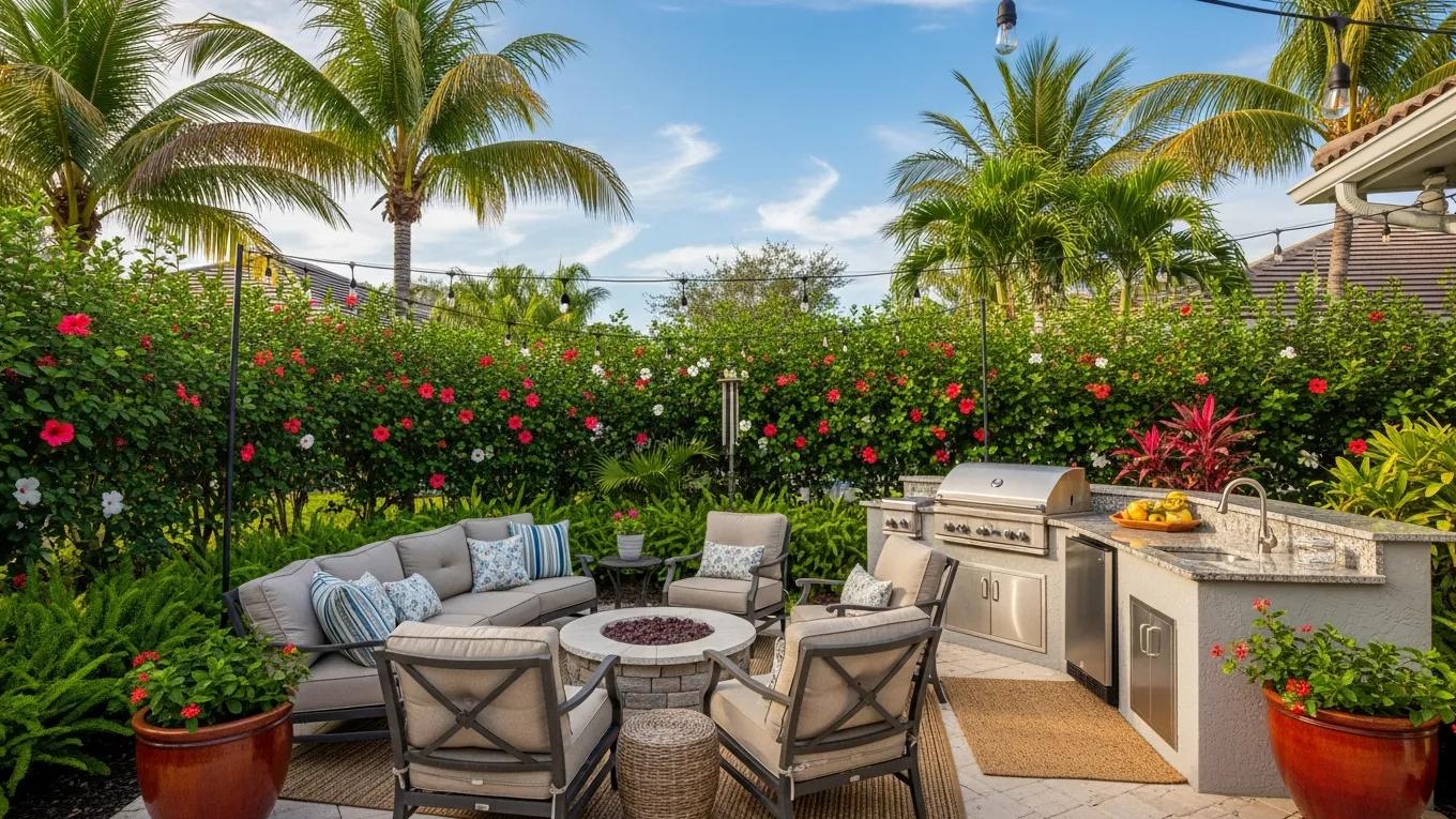 Outdoor living space in Florida with patio, kitchen, and landscaping