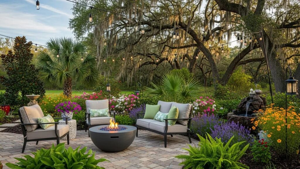 Outdoor living space in Spring Hill, FL, featuring a cozy patio with comfortable seating, a fire pit, vibrant flowers, and lush greenery, ideal for relaxation and gatherings.