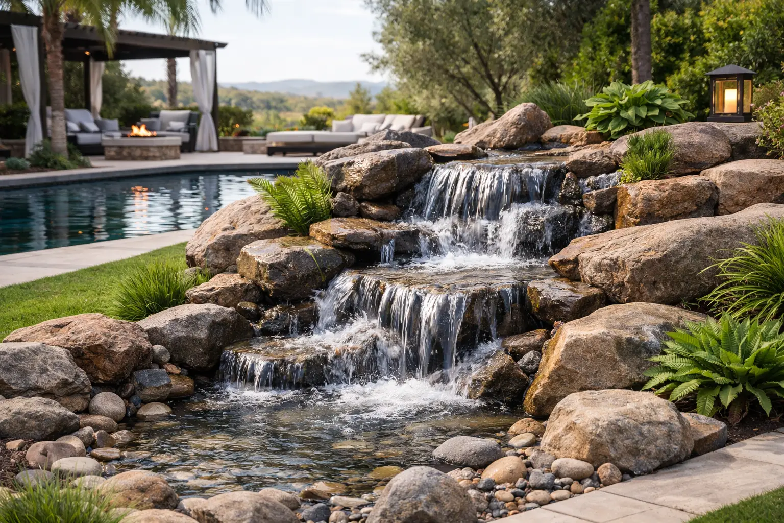 Pondless waterfall cascading over natural stones in a luxury backyard landscape, enhancing outdoor ambiance with sound of flowing water, surrounded by lush greenery and a poolside setting.