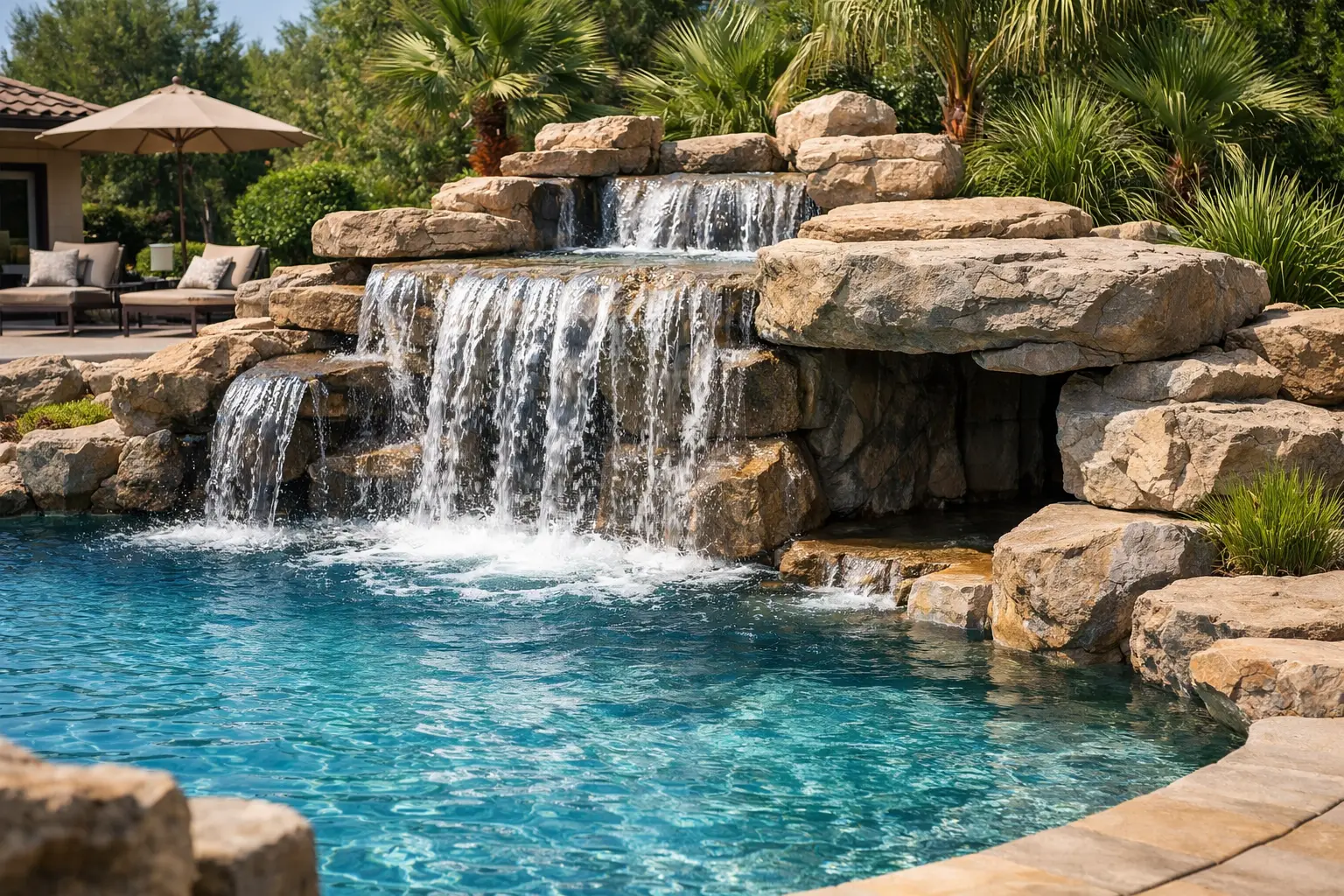 Natural stone pool waterfall cascading into a clear blue swimming pool, surrounded by lush greenery and outdoor seating, enhancing backyard aesthetics and creating a resort-like atmosphere.