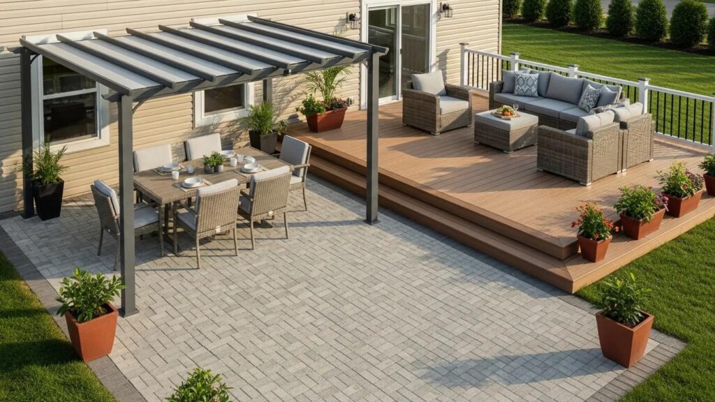 Standardized outdoor living space designed by a national franchise, showcasing common patio and deck features