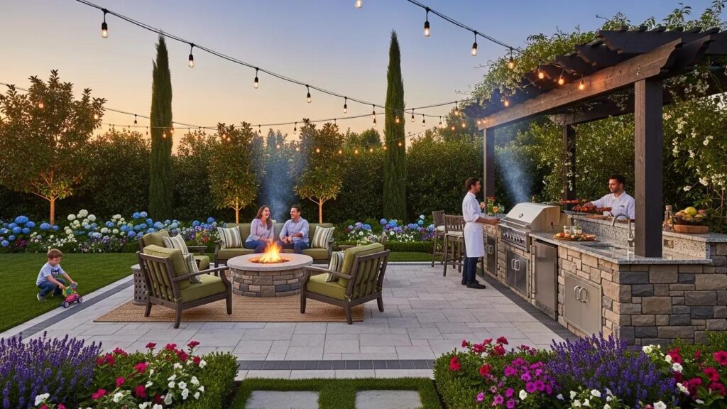 Stunning outdoor living space with custom patio and kitchen, highlighting outdoor lifestyle