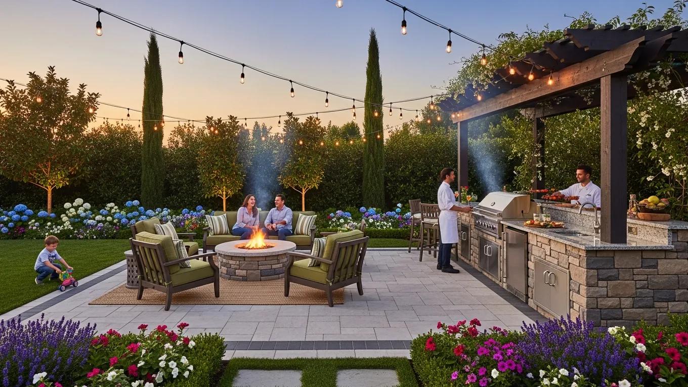 Stunning outdoor living space with custom patio and kitchen, highlighting outdoor lifestyle