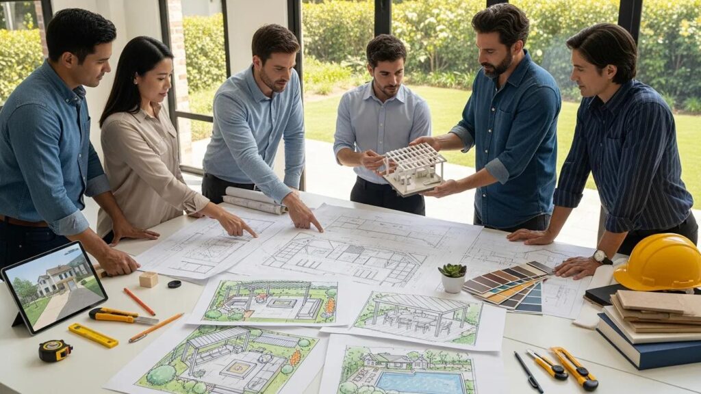 Team collaborating on outdoor living design-build process with blueprints and 3D models