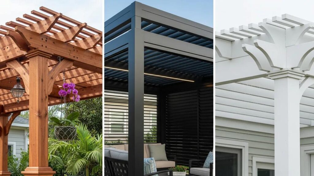 Variety of custom pergola designs showcasing materials suitable for Tampa's climate