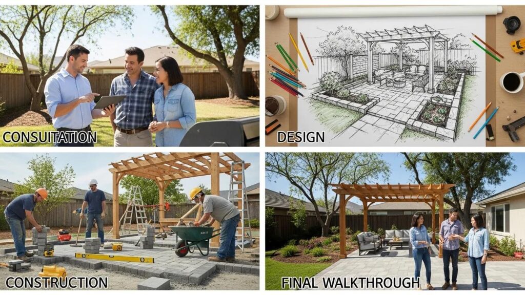 Visual representation of the design-build process for outdoor living projects, showcasing consultation with clients, design sketches, construction activities, and final walkthrough in a residential setting.